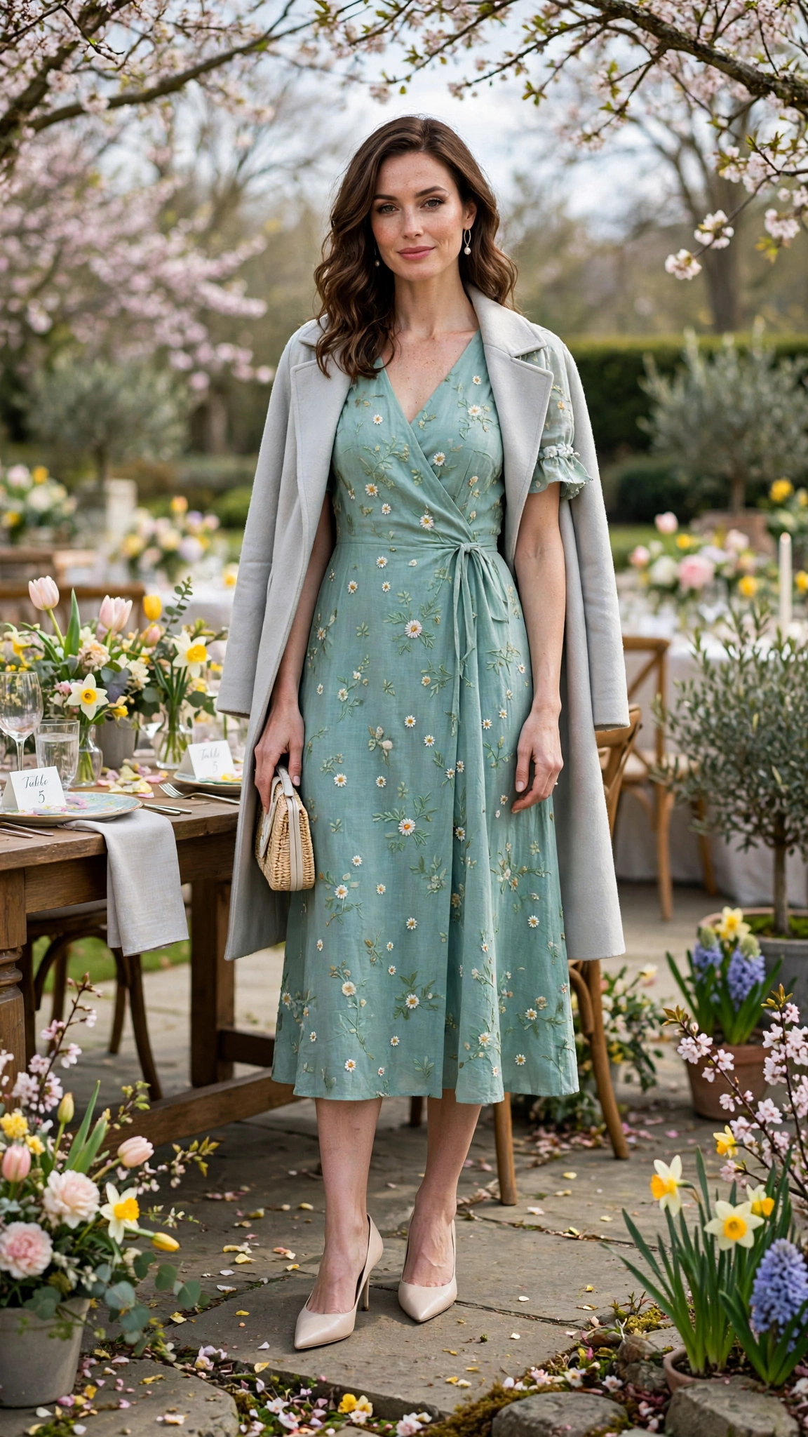 Seafoam Easter Dress Outfit with a pale grey coat and pointed pumps