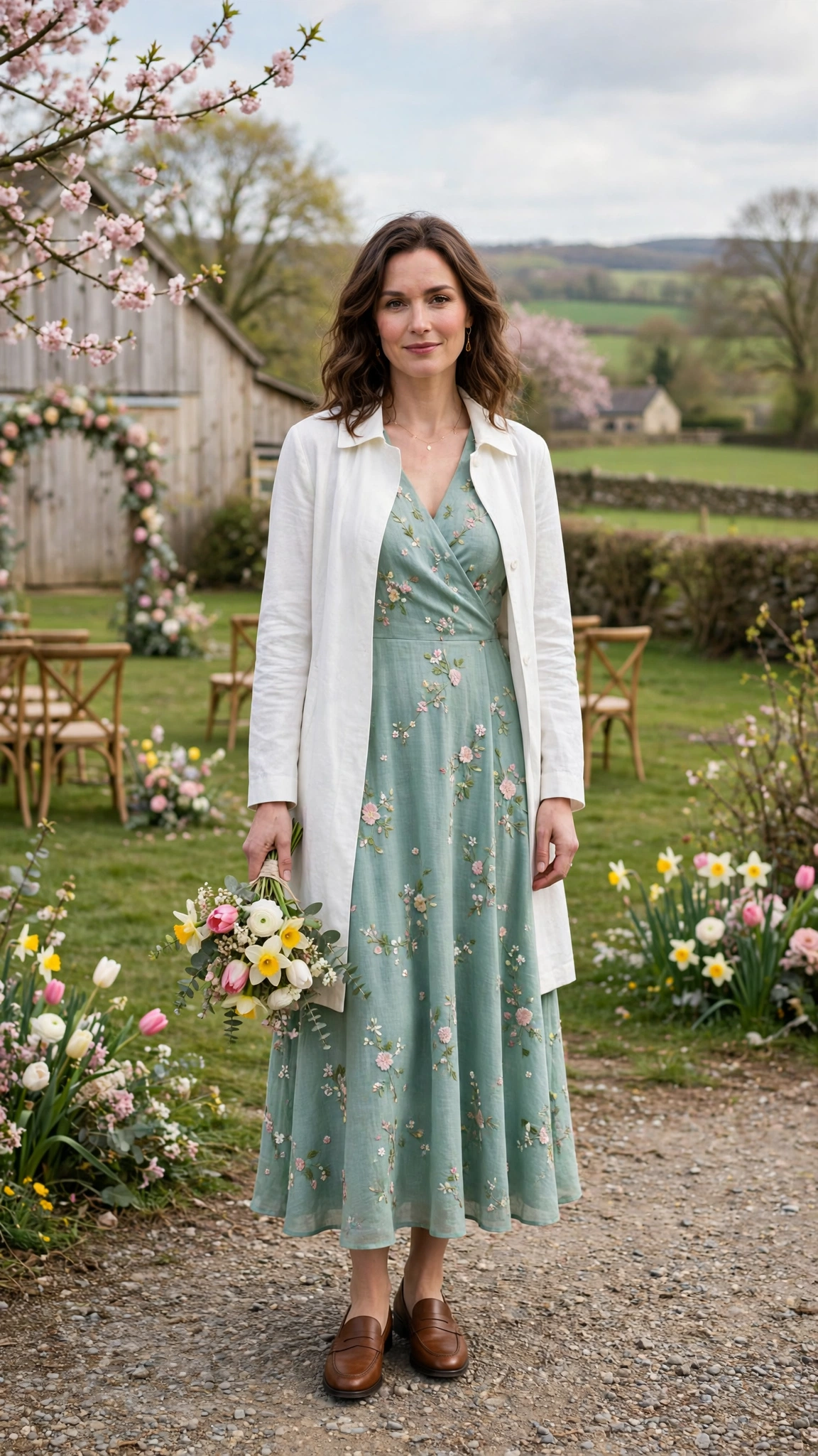 Seafoam Easter Dress Outfit with a white lightweight coat and loafers