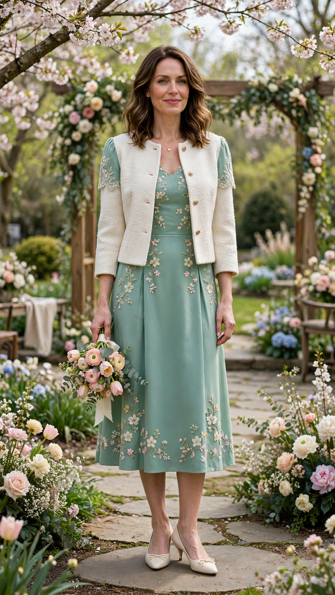 Seafoam Easter Dress Outfit with a cream cropped coat and kitten heels