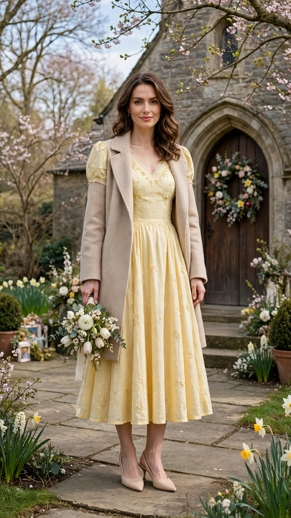 Butter Yellow Easter Dress Outfit with a soft beige coat and slingback heels