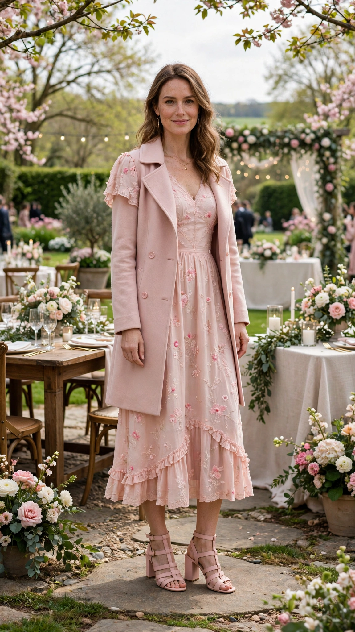Blush Pink Easter Dress Outfit with a blush coat and block-heel sandals