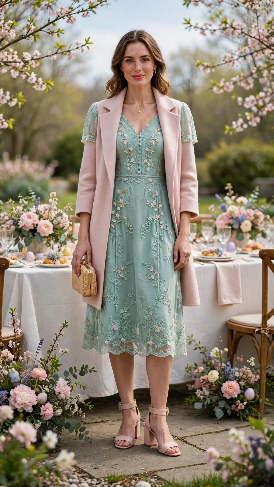 Seafoam Easter Dress Outfit with a blush coat and block-heel sandals