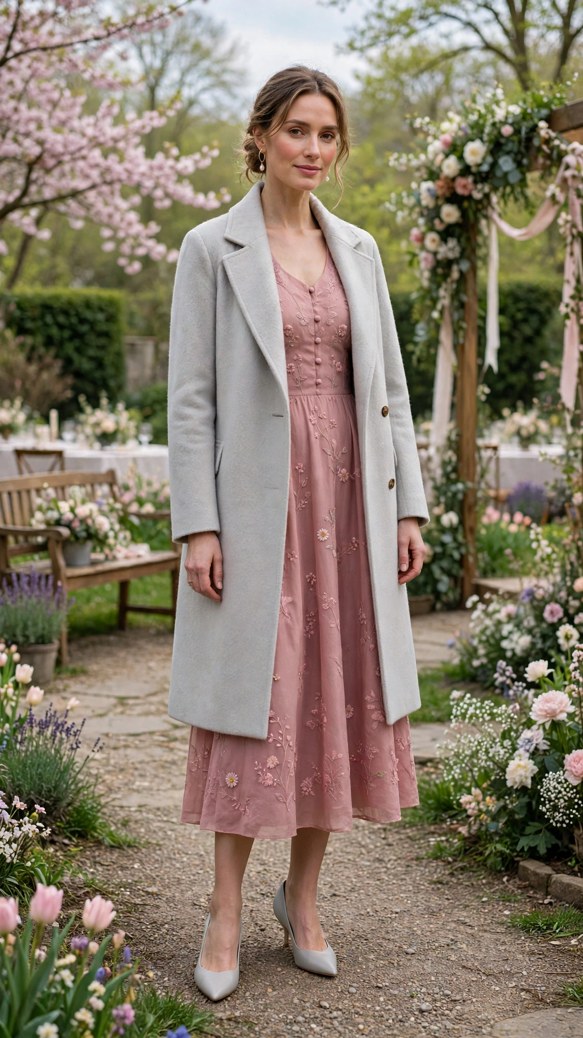 Dusty Rose Easter Dress Outfit with a pale grey coat and pointed pumps