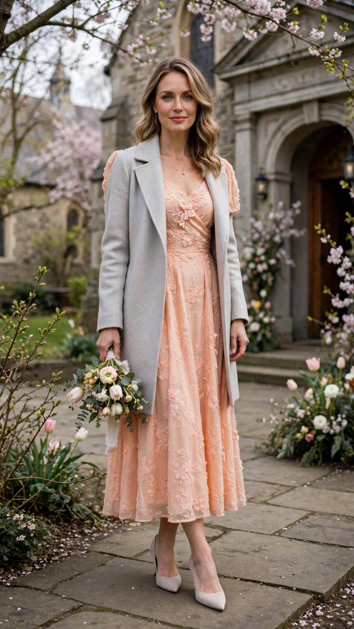 Peach Easter Dress Outfit with a pale grey coat and pointed pumps