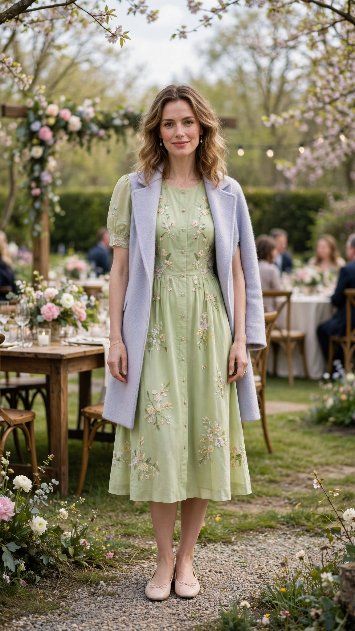 Pistachio Easter Dress Outfit with a pastel wool coat and ballet flats