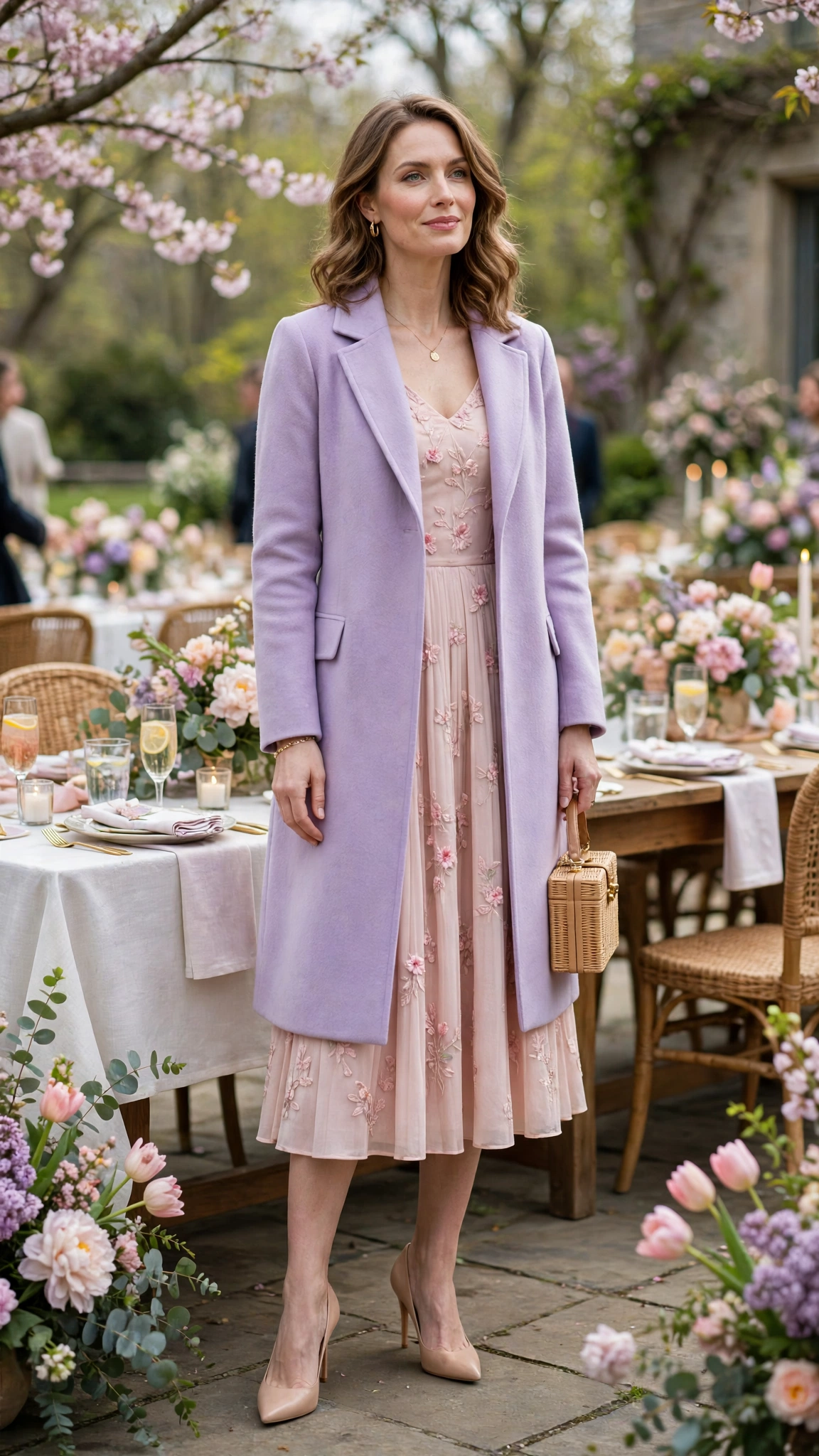 Blush Pink Easter Dress Outfit with a lilac coat and nude heels