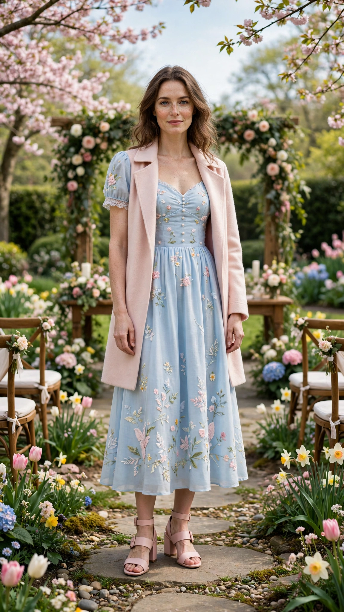 Baby Blue Easter Dress Outfit with a blush coat and block-heel sandals