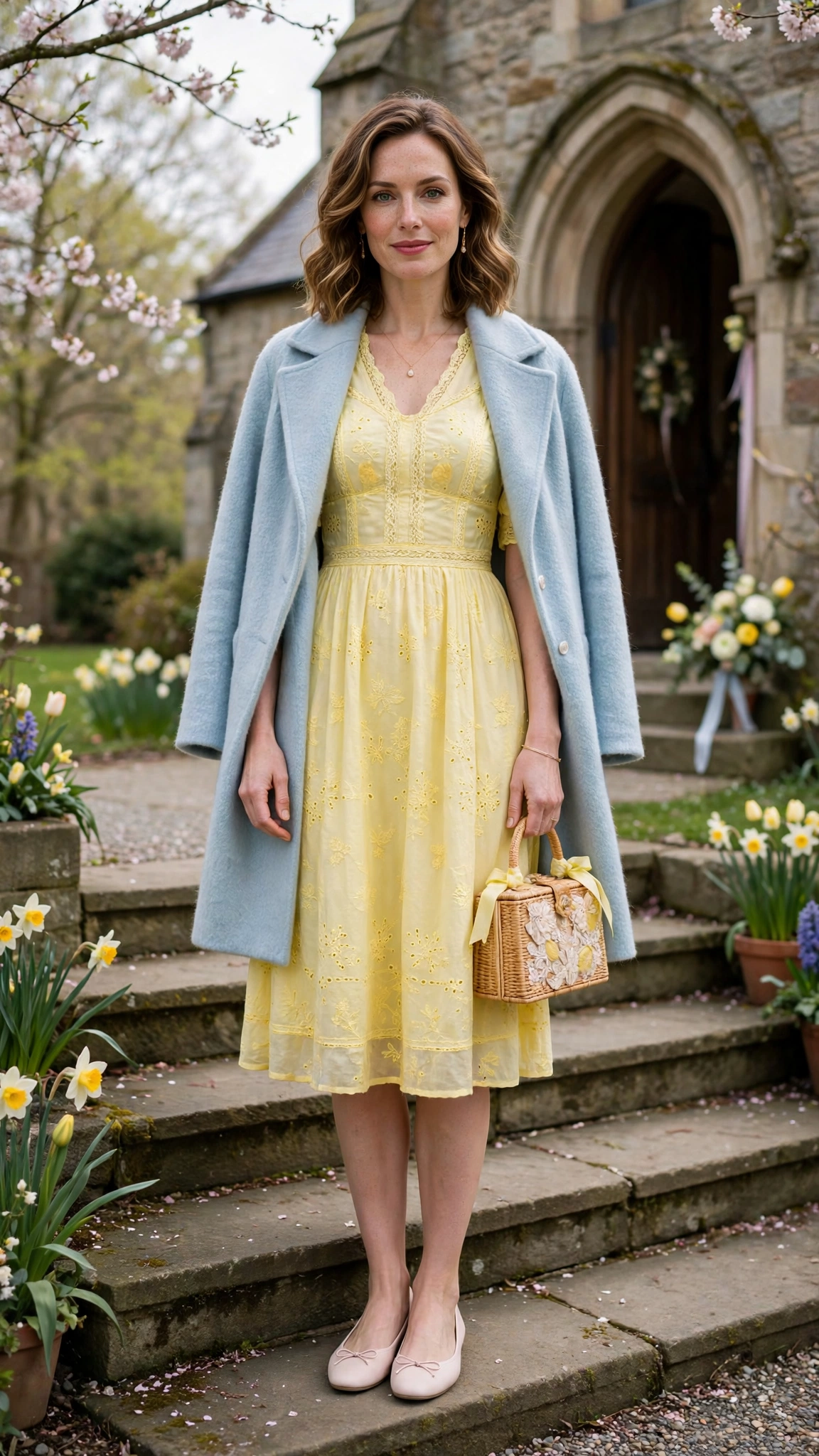 Lemon Yellow Easter Dress Outfit with a pastel wool coat and ballet flats