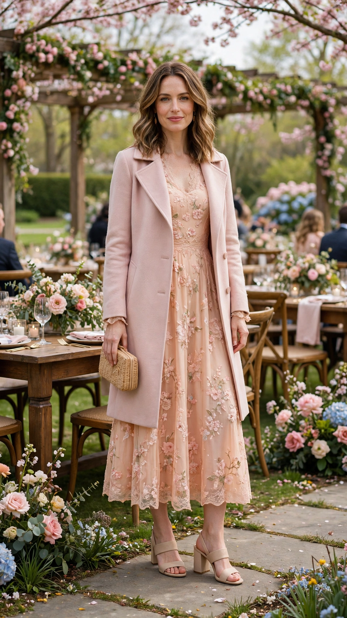 Peach Easter Dress Outfit with a blush coat and block-heel sandals