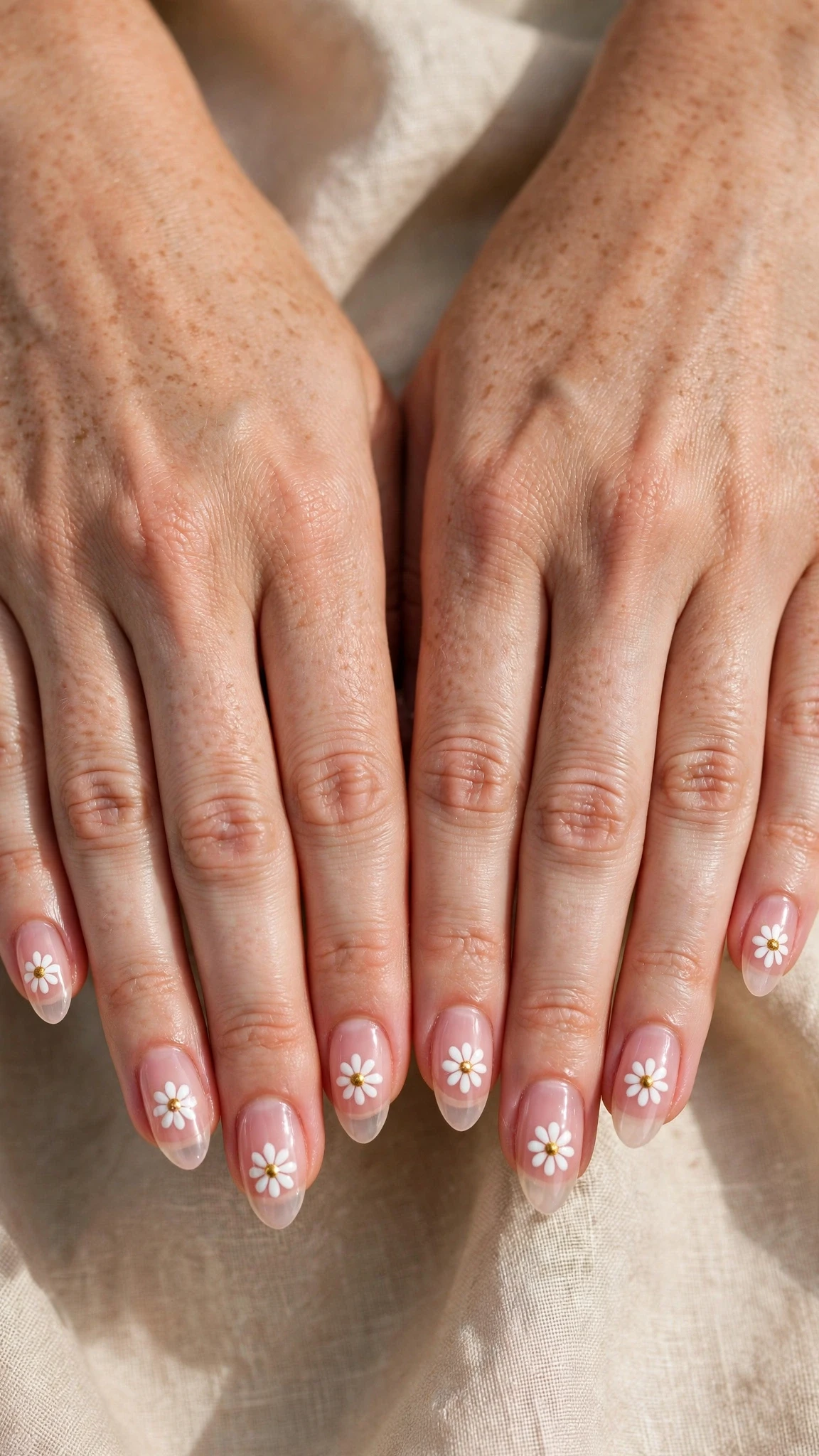 Daisy with a gold dot centre on sheer pink almond nails