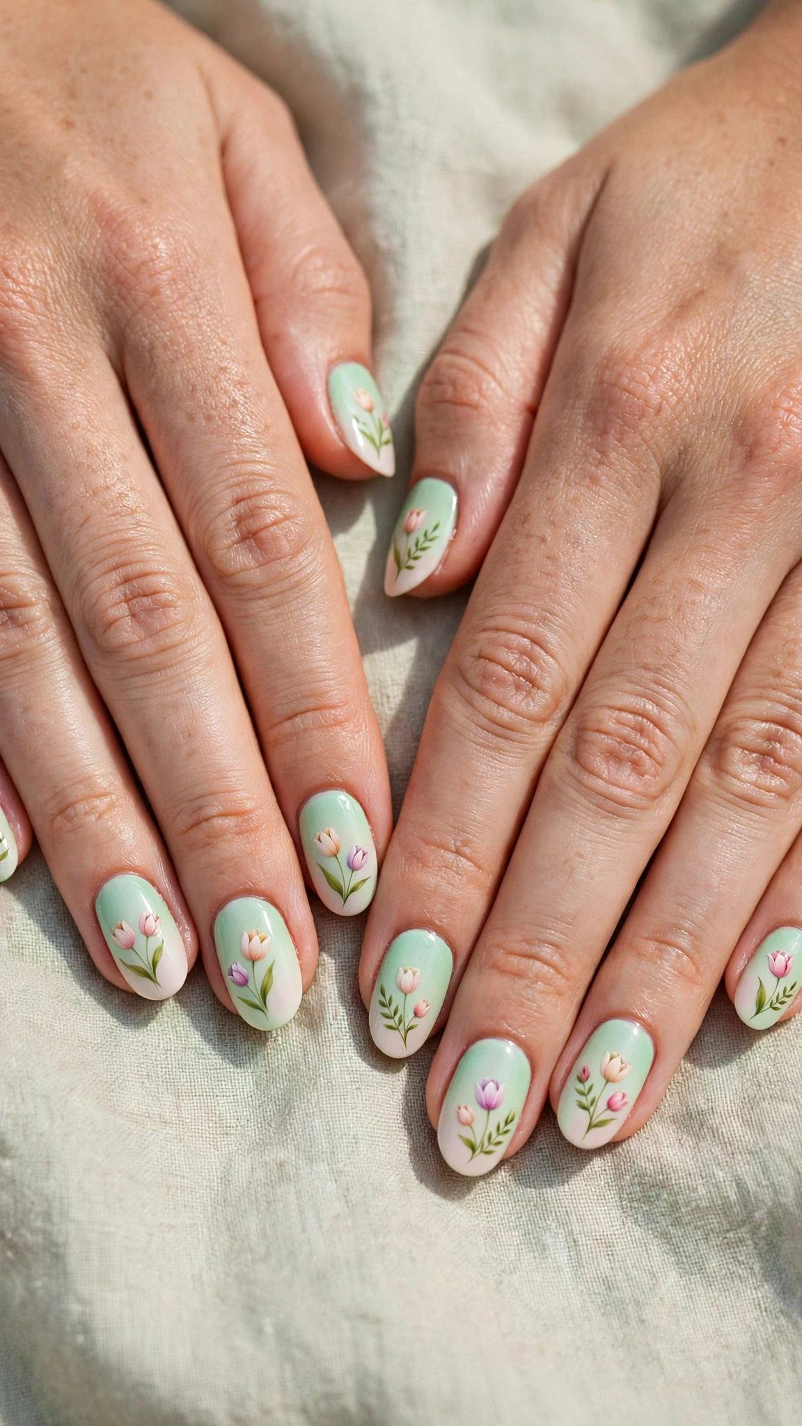 Tulip with a soft ombre fade on soft mint oval nails