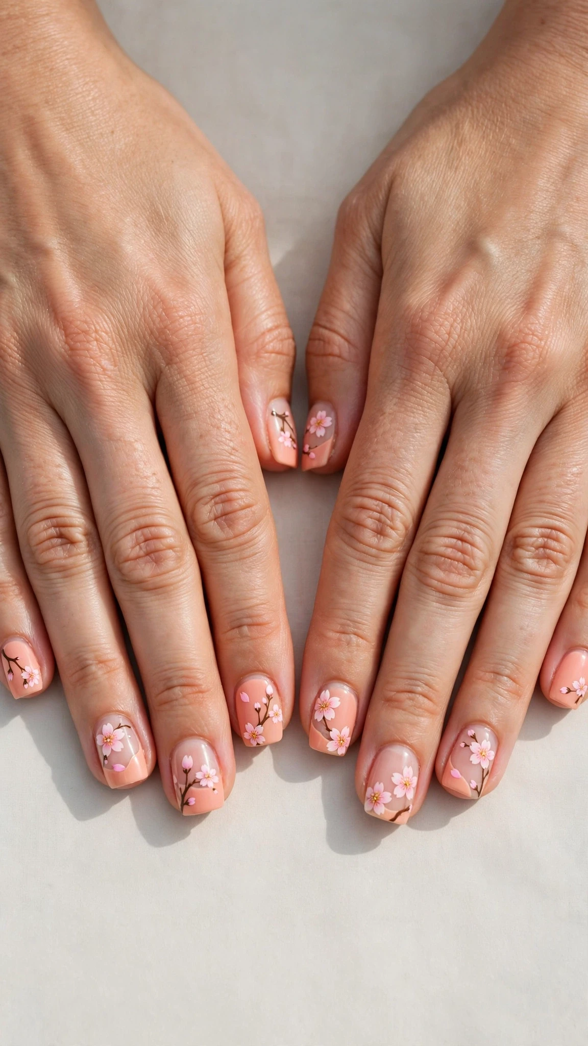 Cherry blossom in negative space on peach short square nails