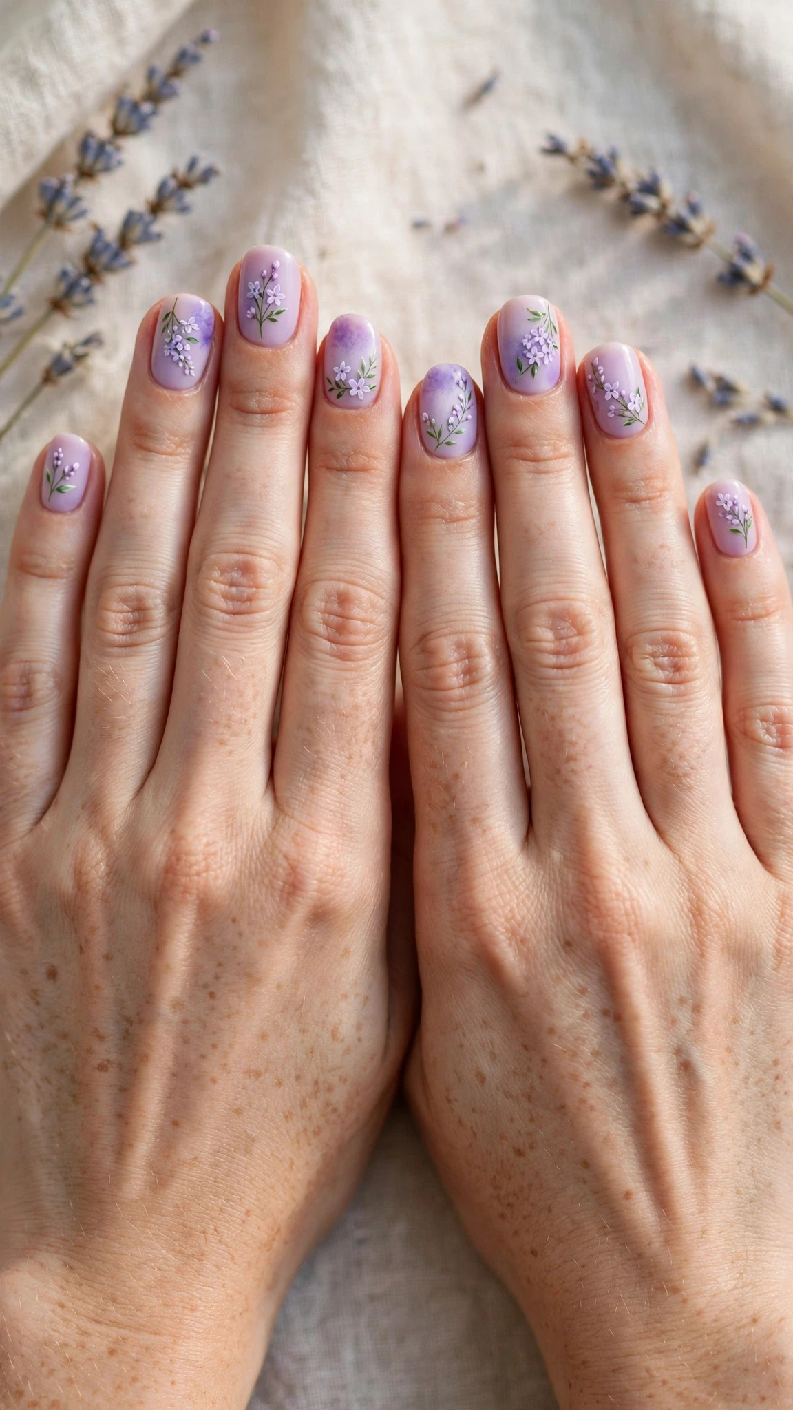 Lilac sprig with tiny leaf details on lavender mist round nails