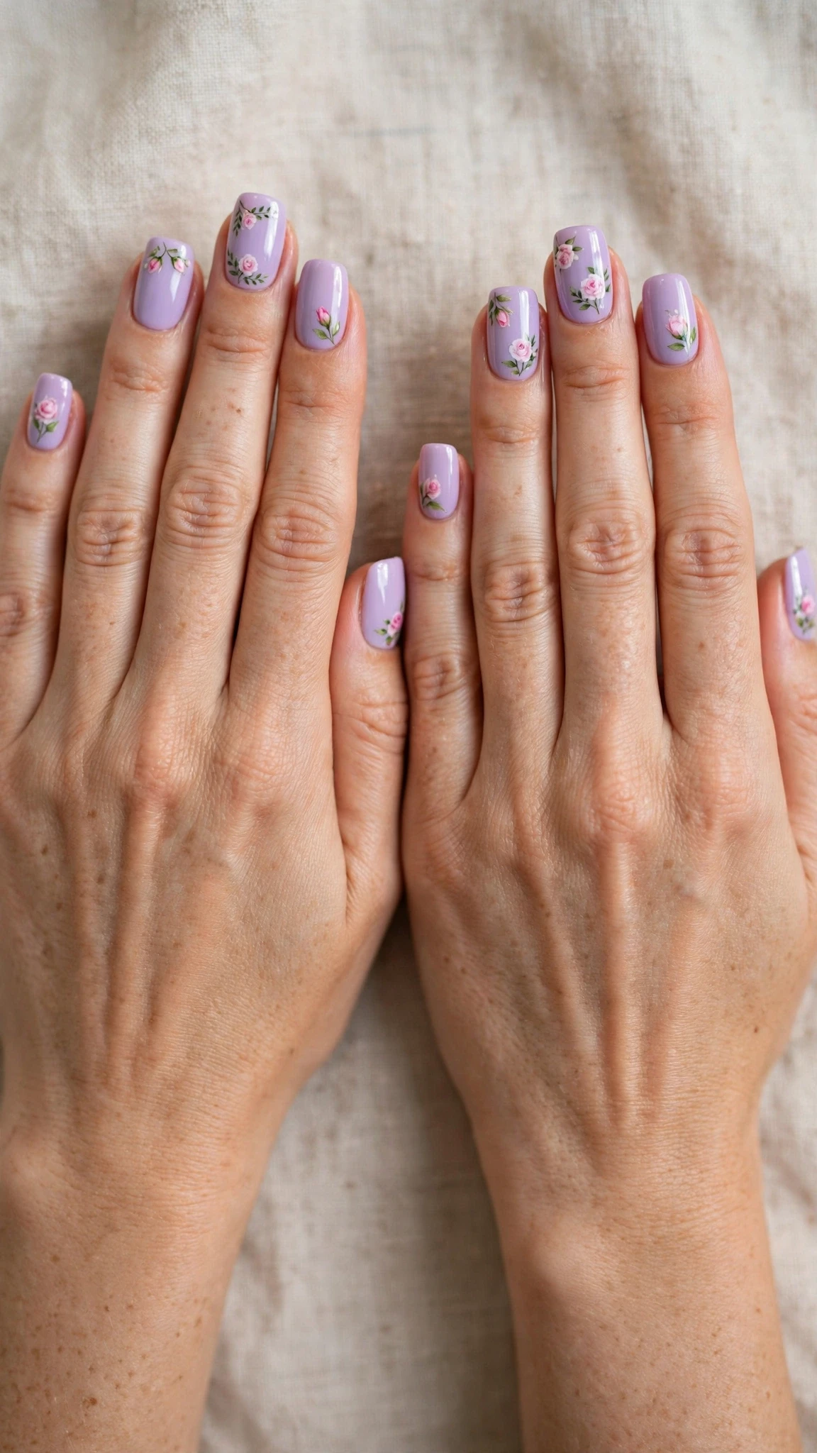 Rosebud with a glossy top coat on pastel lilac squoval nails