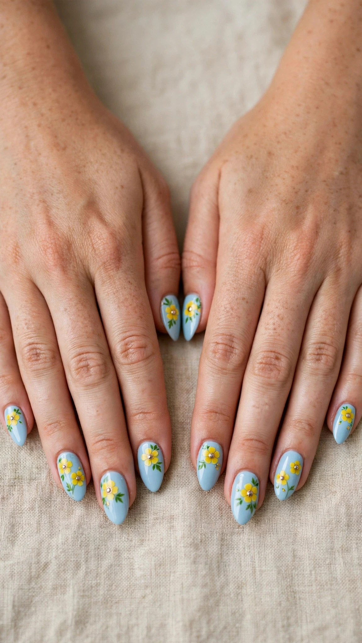 Buttercup with a gold dot centre on sky blue almond nails