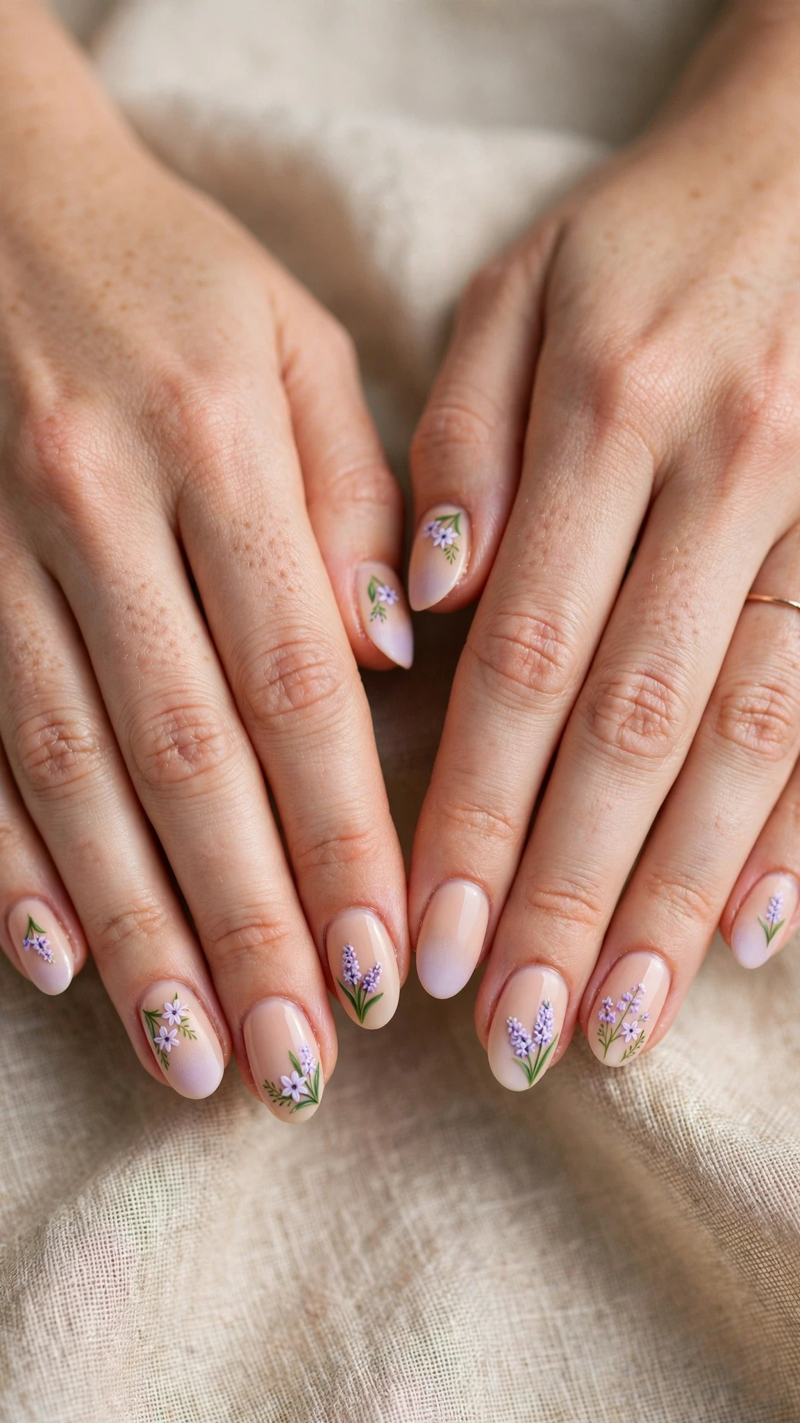Hyacinth with a soft ombre fade on blush nude oval nails