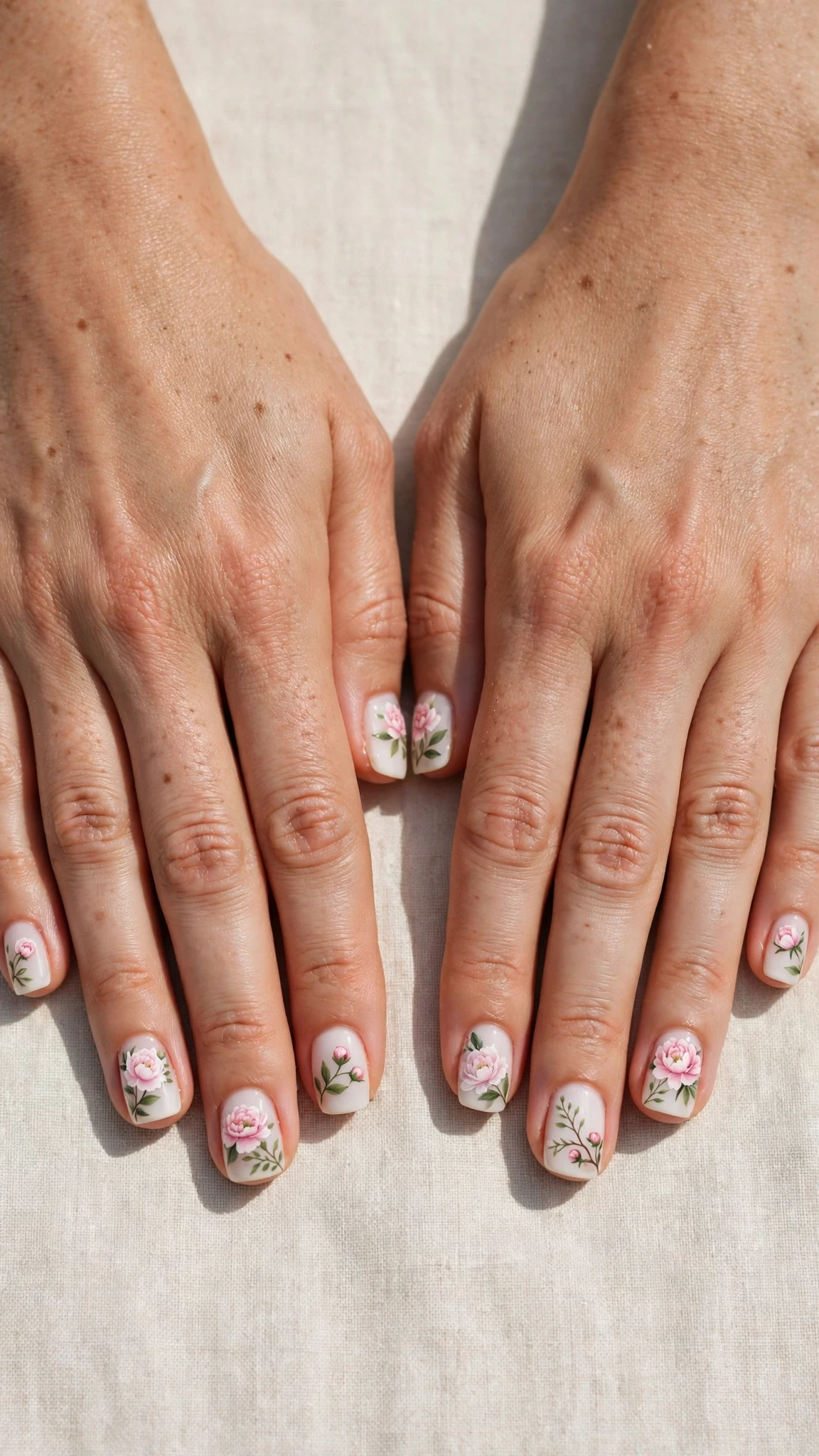 Peony in negative space on milky white short square nails