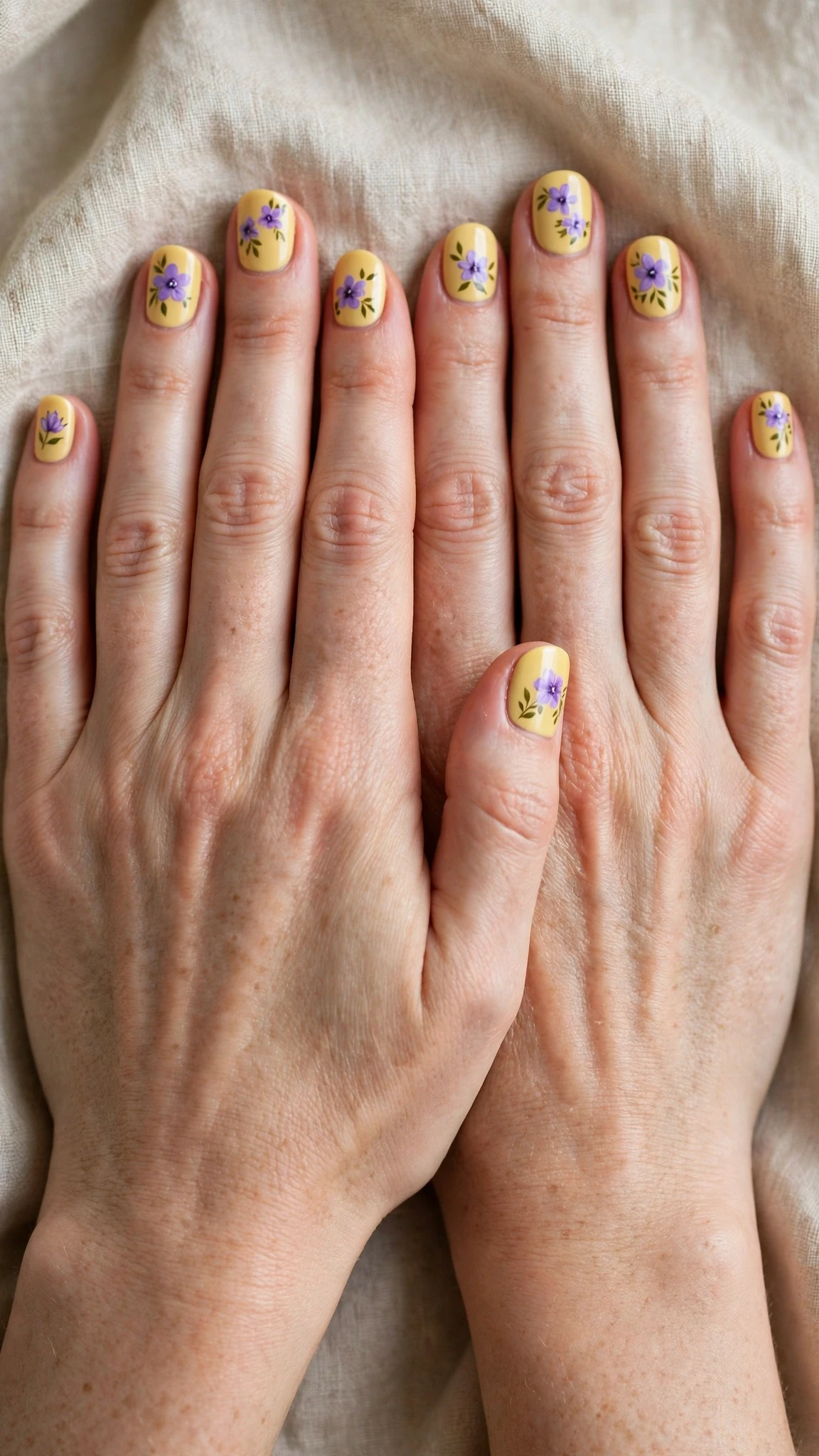 Violet with tiny leaf details on butter yellow round nails