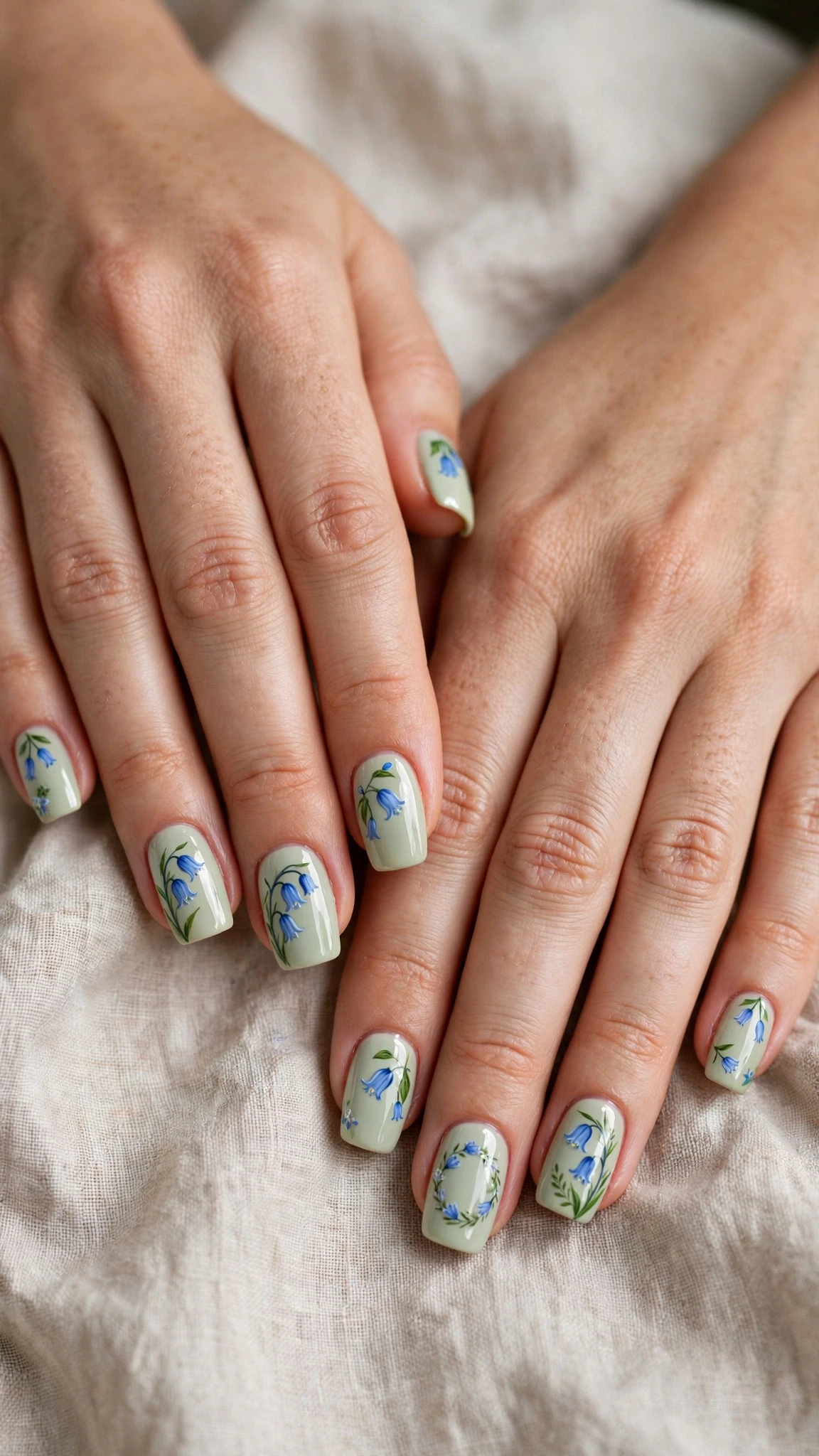 Bluebell with a glossy top coat on pale sage squoval nails