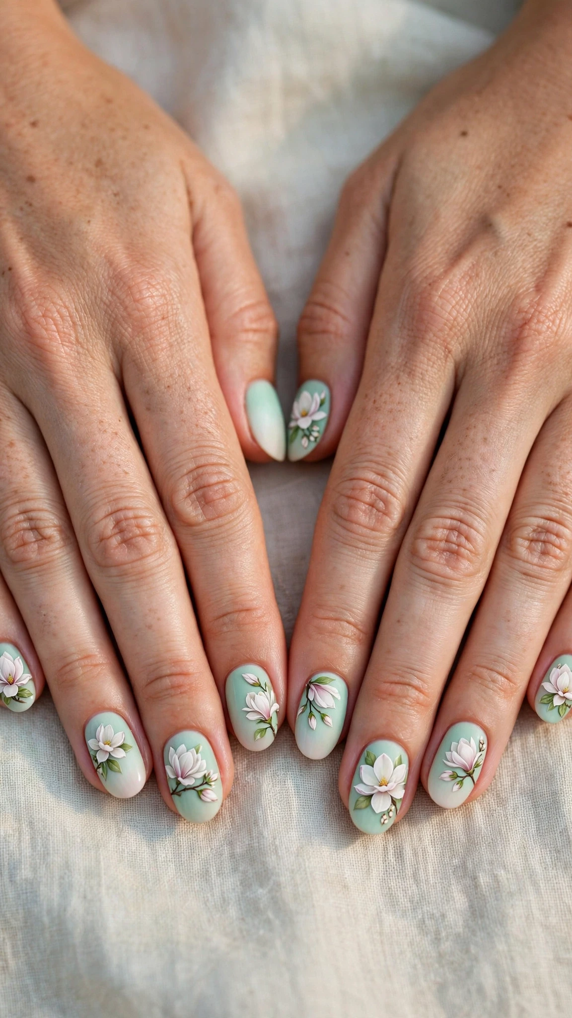 Magnolia with a soft ombre fade on soft mint oval nails