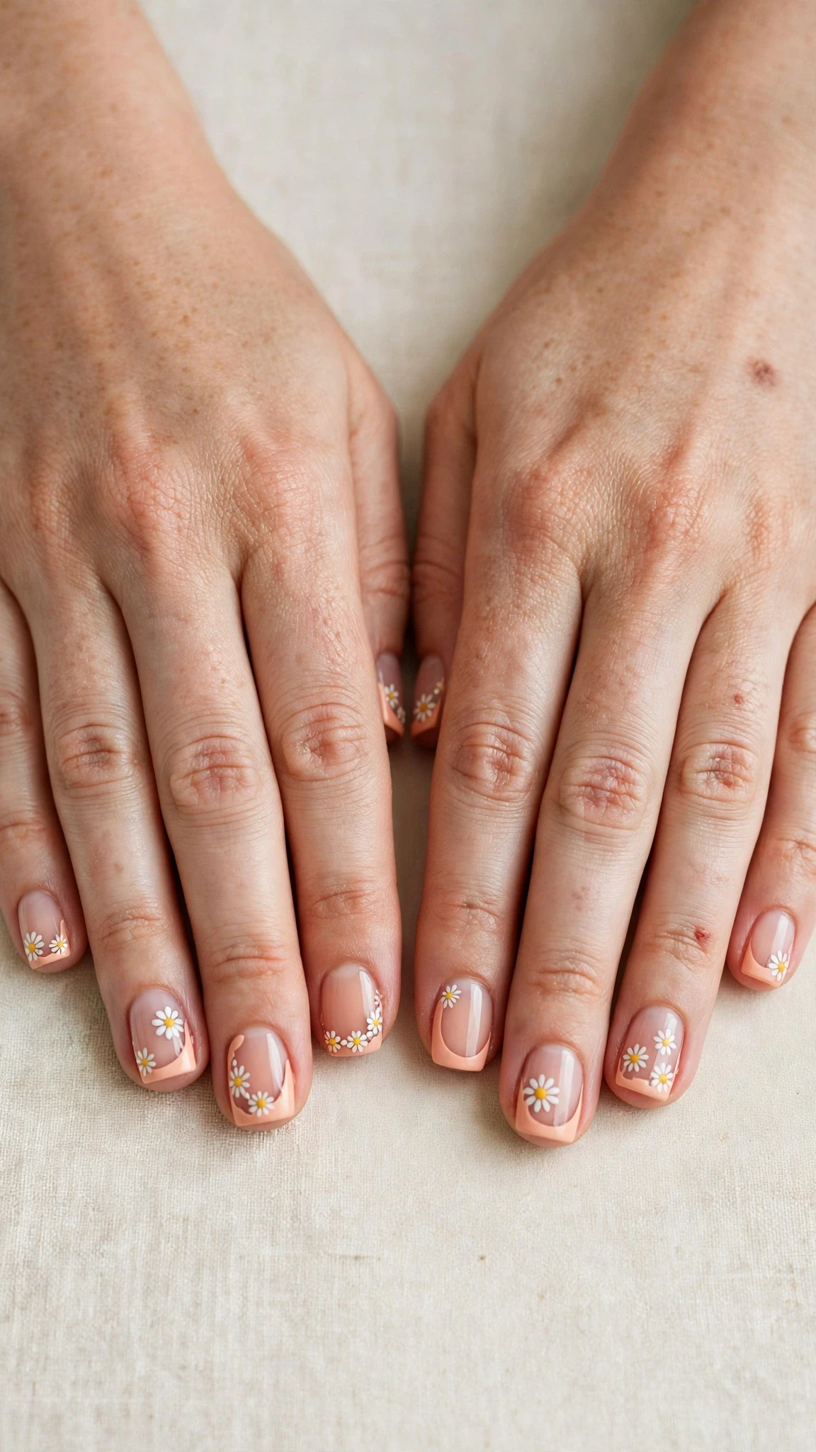 Daisy in negative space on peach short square nails