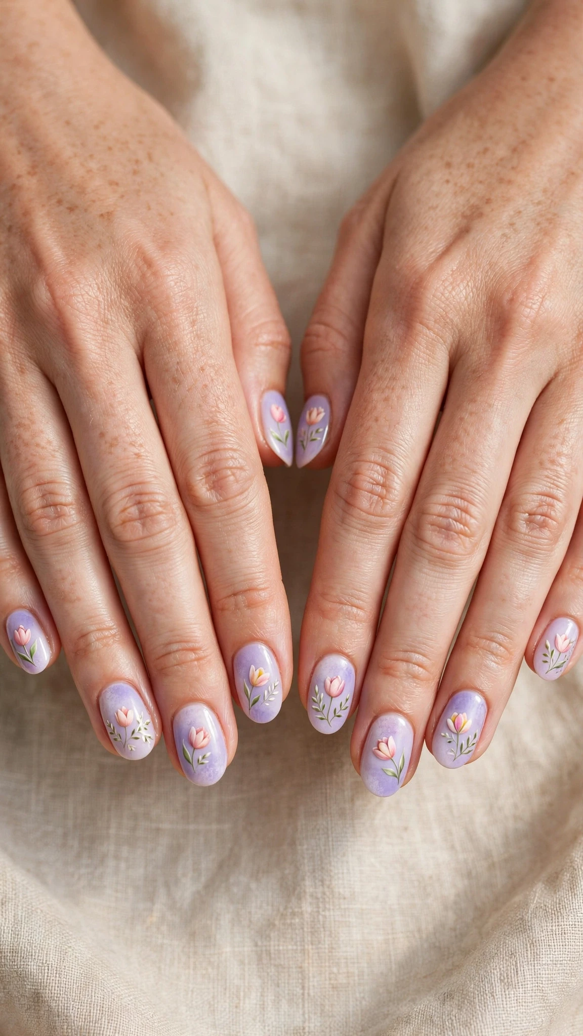 Tulip with tiny leaf details on lavender mist round nails