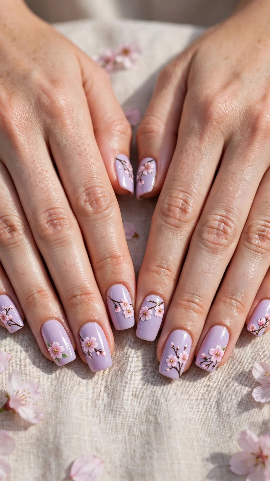 Cherry blossom with a glossy top coat on pastel lilac squoval nails