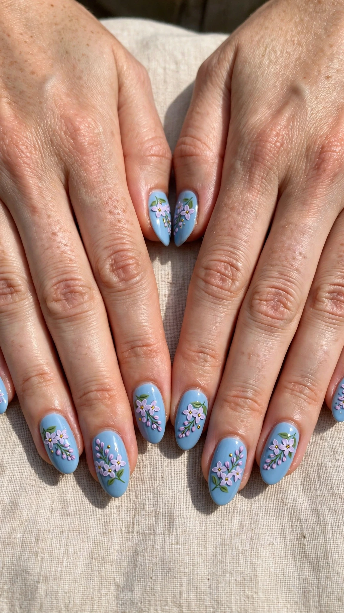 Lilac sprig with a gold dot centre on sky blue almond nails