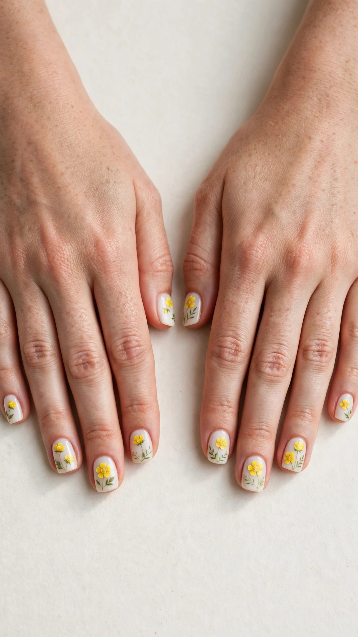 Buttercup in negative space on milky white short square nails