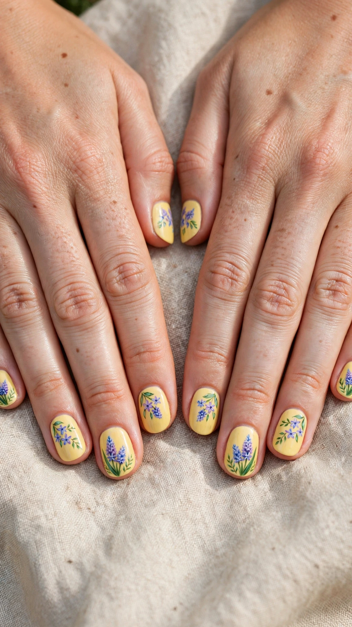 Hyacinth with tiny leaf details on butter yellow round nails