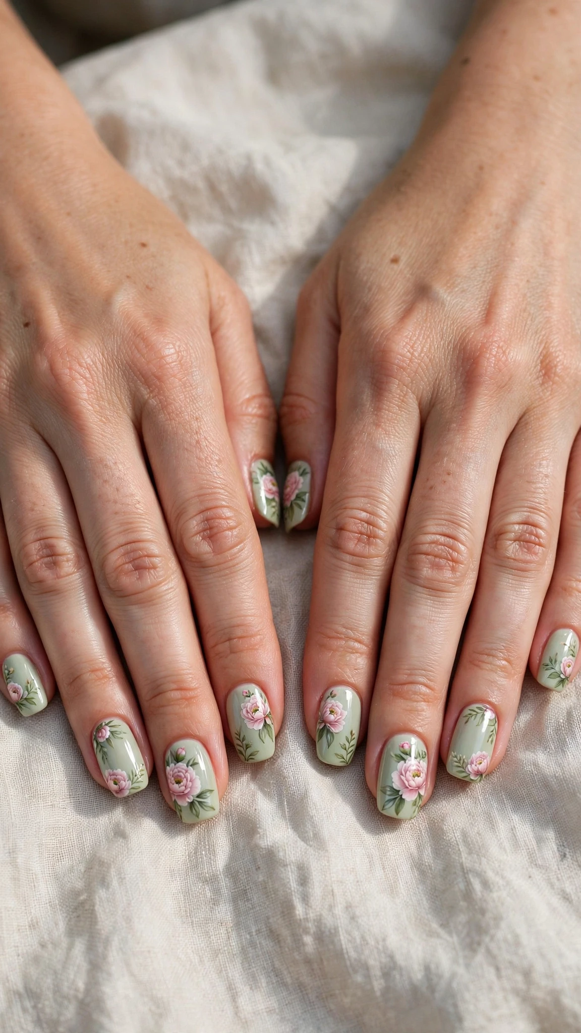 Peony with a glossy top coat on pale sage squoval nails