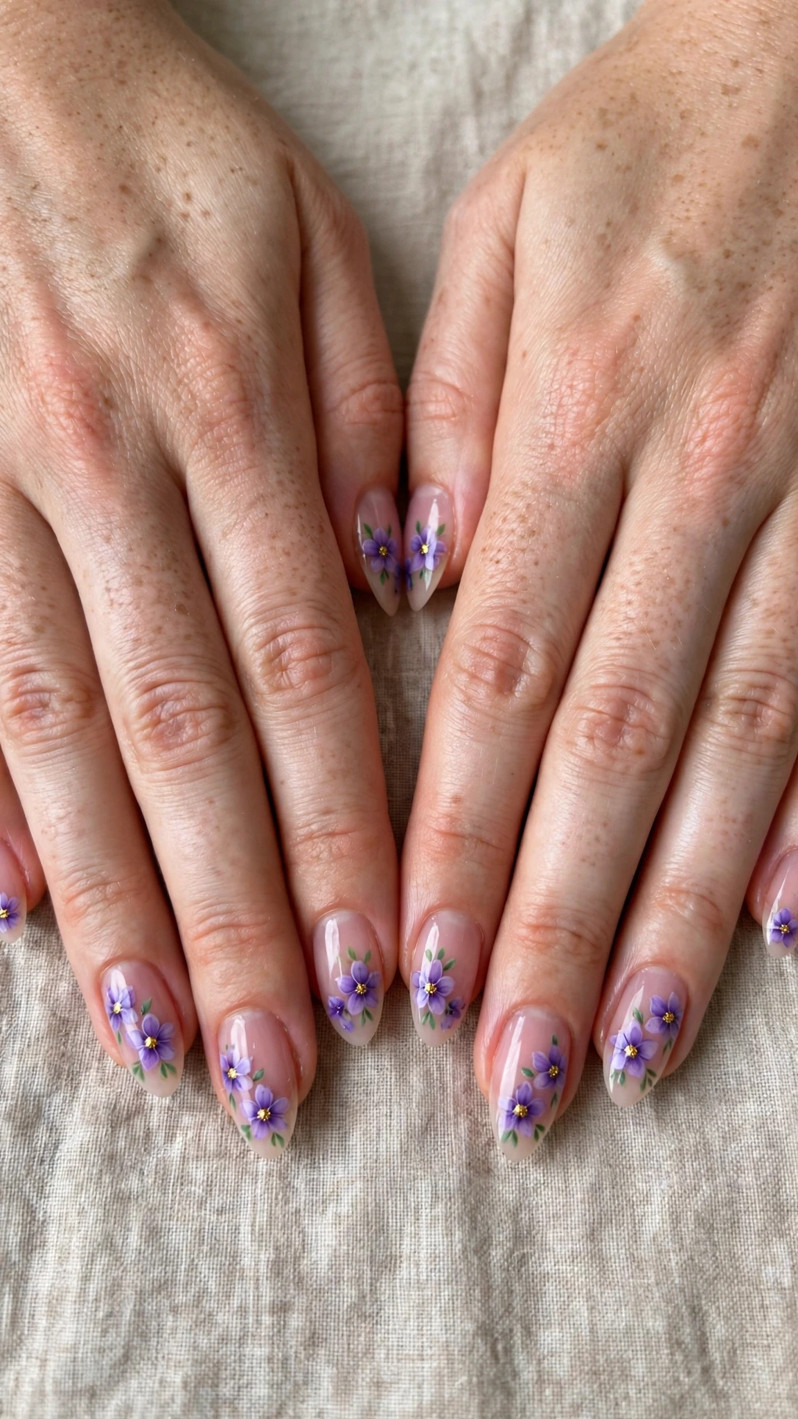 Violet with a gold dot centre on sheer pink almond nails