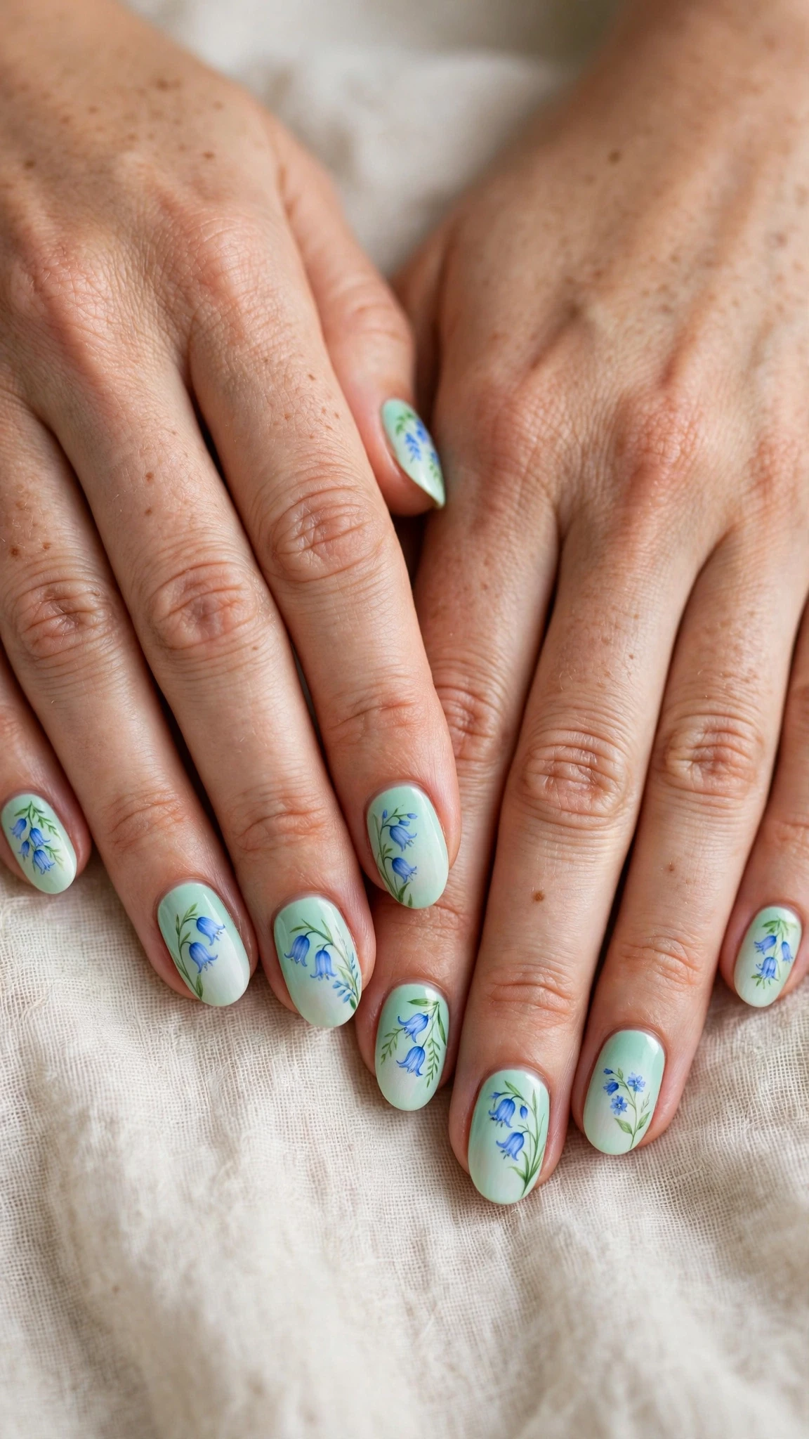 Bluebell with a soft ombre fade on soft mint oval nails