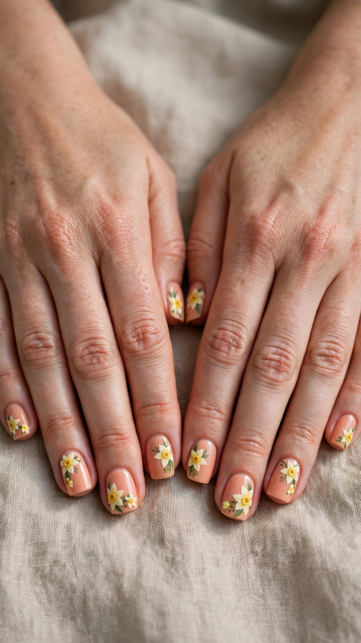 Daffodil in negative space on peach short square nails