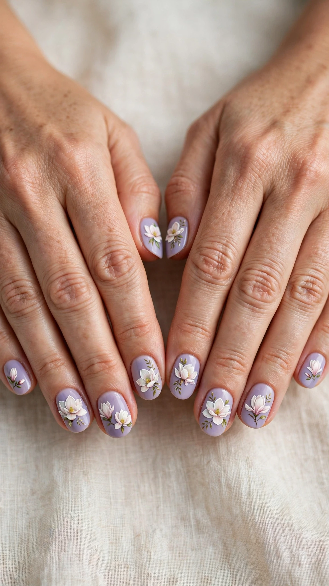 Magnolia with tiny leaf details on lavender mist round nails