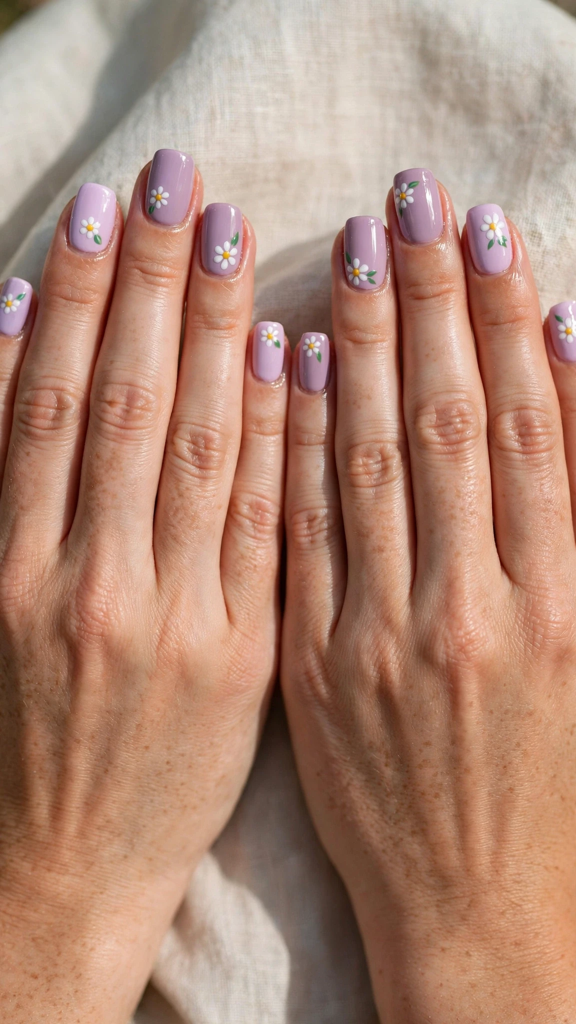 Daisy with a glossy top coat on pastel lilac squoval nails