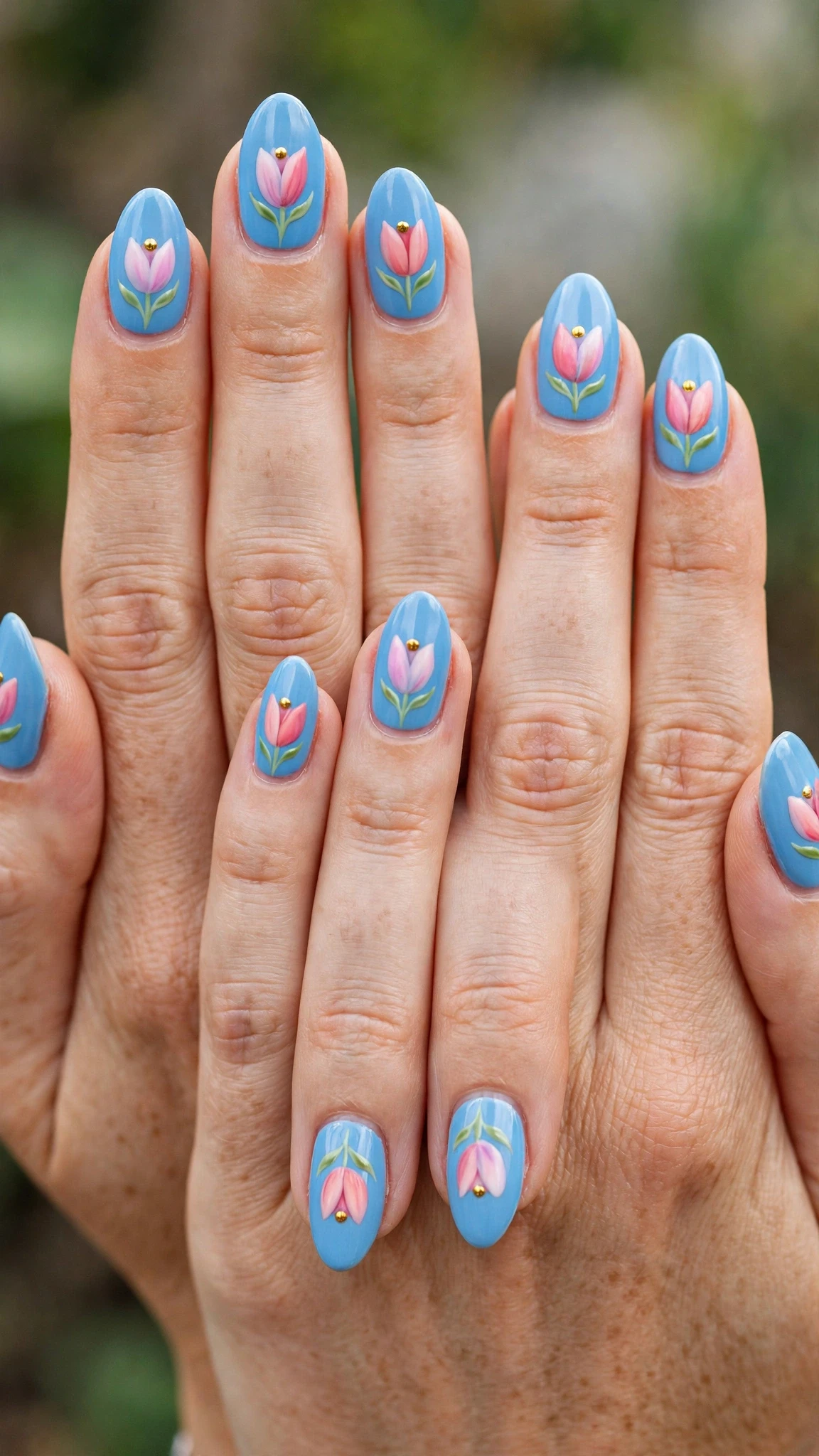 Tulip with a gold dot centre on sky blue almond nails