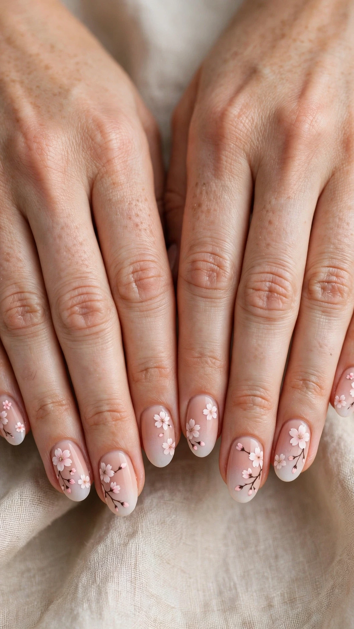 Cherry blossom with a soft ombre fade on blush nude oval nails