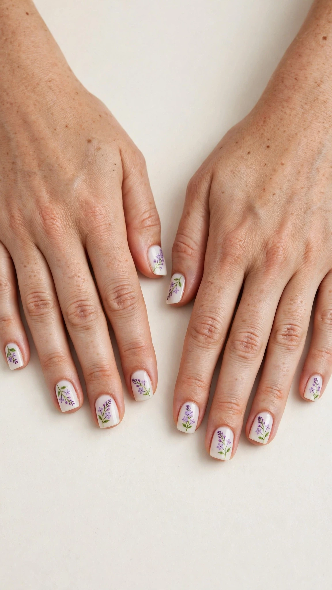 Lilac sprig in negative space on milky white short square nails
