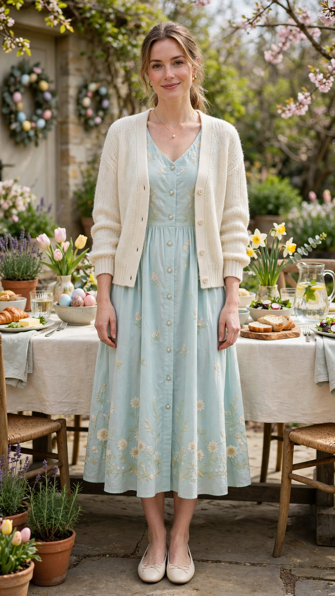 38 Easter Midi Dress Outfits with a Cardigan for Spring That Are Fresh, Chic and Easy to Wear 2 Light Aqua Easter Midi Dress Outfit with a cream cardigan and ballet flats