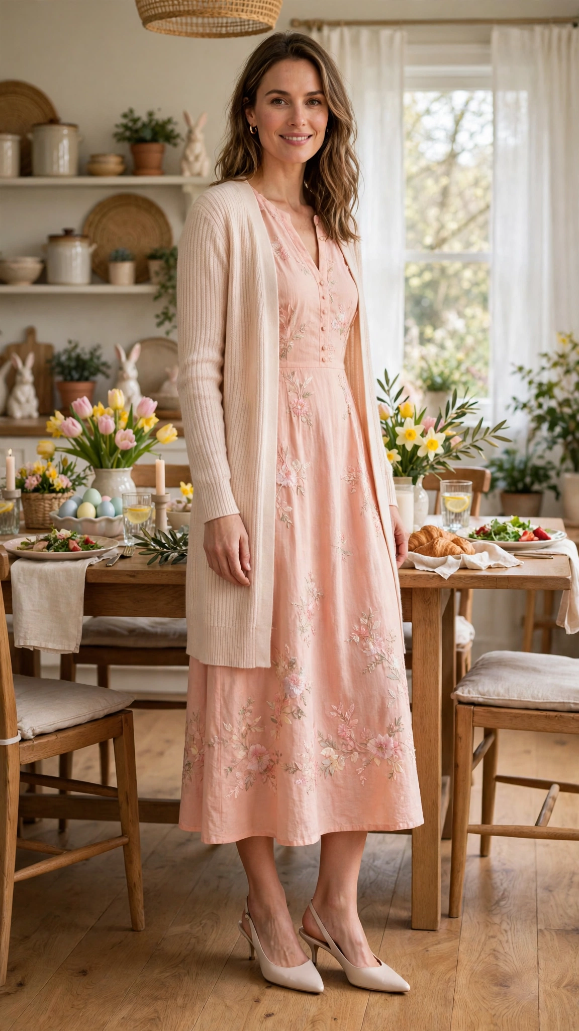 38 Easter Midi Dress Outfits with a Cardigan for Spring That Are Fresh, Chic and Easy to Wear 4 Pale Coral Easter Midi Dress Outfit with a longline cardigan and slingbacks