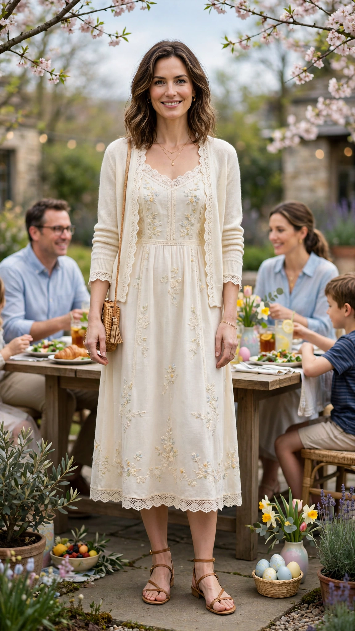 38 Easter Midi Dress Outfits with a Cardigan for Spring That Are Fresh, Chic and Easy to Wear 6 Cream Easter Midi Dress Outfit with a lace-trim cardigan and strappy sandals