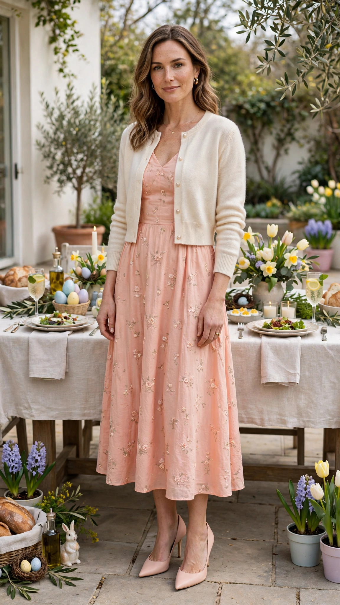 38 Easter Midi Dress Outfits with a Cardigan for Spring That Are Fresh, Chic and Easy to Wear 7 Pale Coral Easter Midi Dress Outfit with a cropped cardigan and pointed pumps