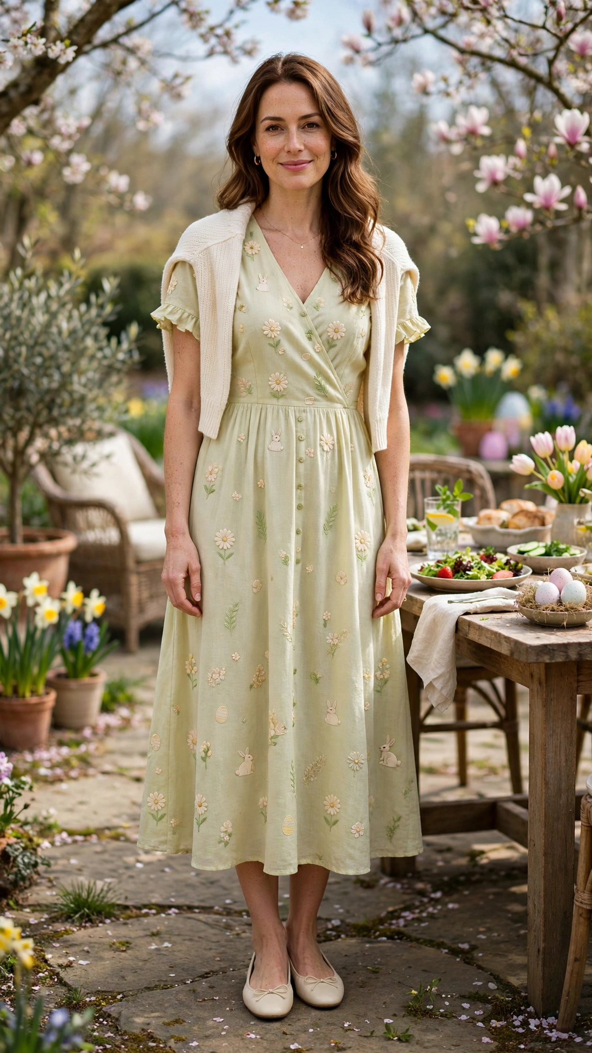 38 Easter Midi Dress Outfits with a Cardigan for Spring That Are Fresh, Chic and Easy to Wear 10 Pistachio Easter Midi Dress Outfit with a cream cardigan and ballet flats