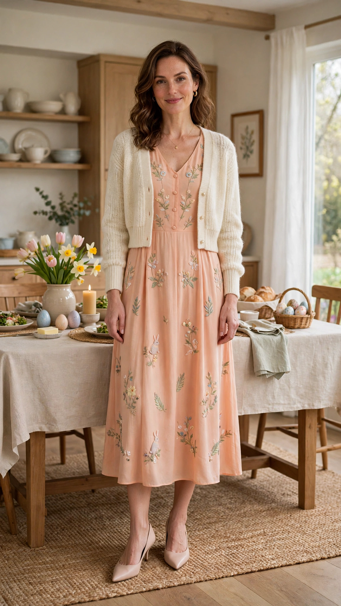 38 Easter Midi Dress Outfits with a Cardigan for Spring That Are Fresh, Chic and Easy to Wear 14 Peach Easter Midi Dress Outfit with a cropped cardigan and pointed pumps