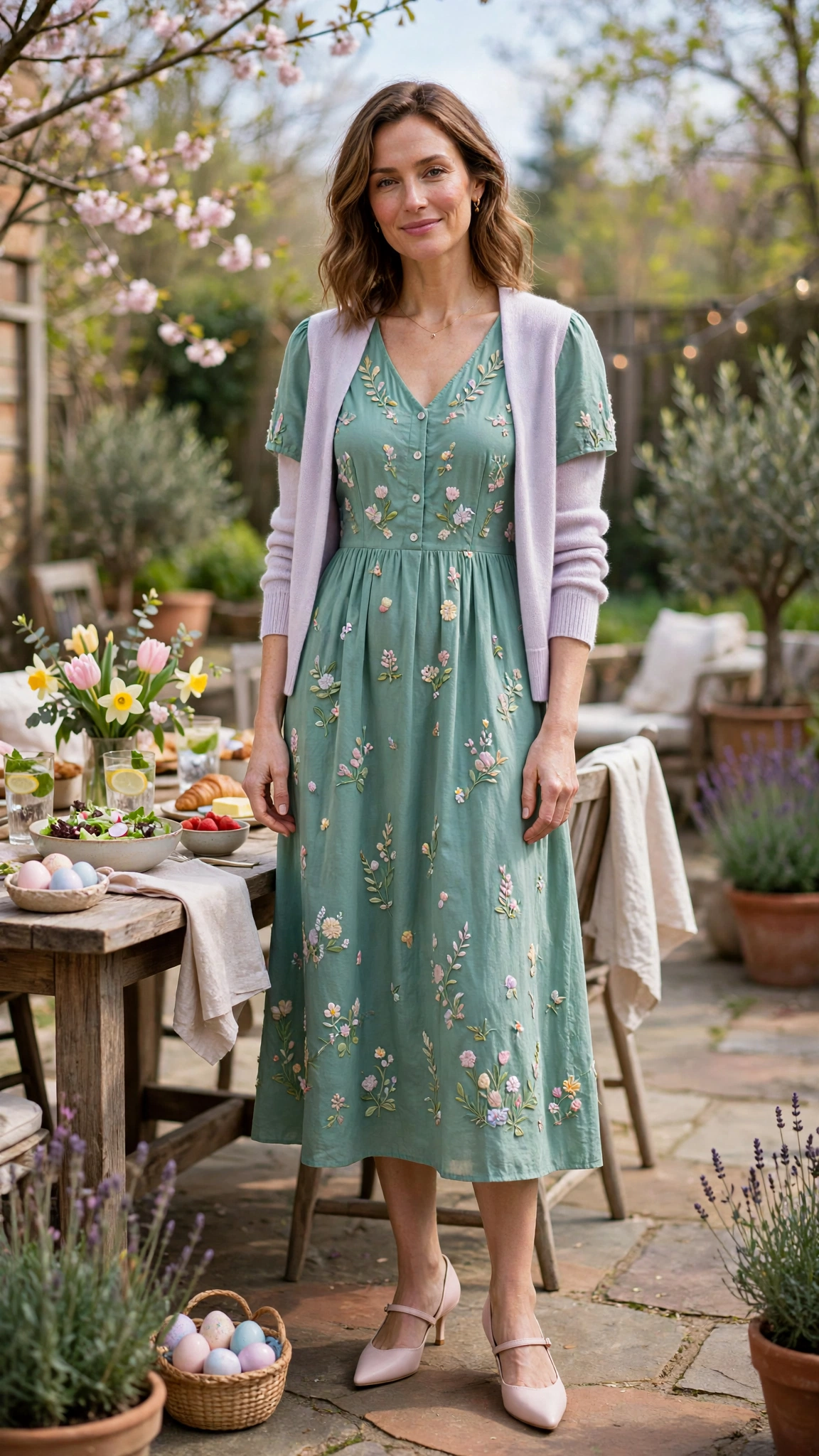 38 Easter Midi Dress Outfits with a Cardigan for Spring That Are Fresh, Chic and Easy to Wear 15 Seafoam Easter Midi Dress Outfit with a pastel cardigan and kitten heels