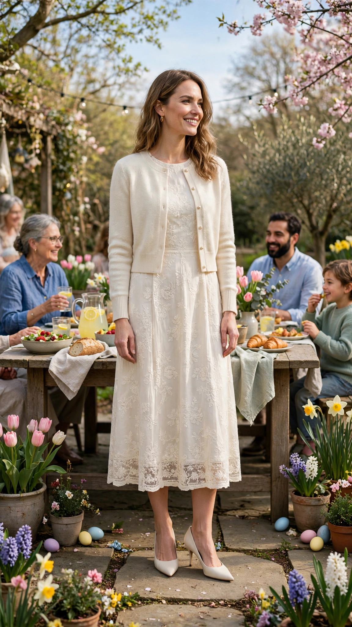 38 Easter Midi Dress Outfits with a Cardigan for Spring That Are Fresh, Chic and Easy to Wear 16 Ivory Easter Midi Dress Outfit with a cropped cardigan and pointed pumps