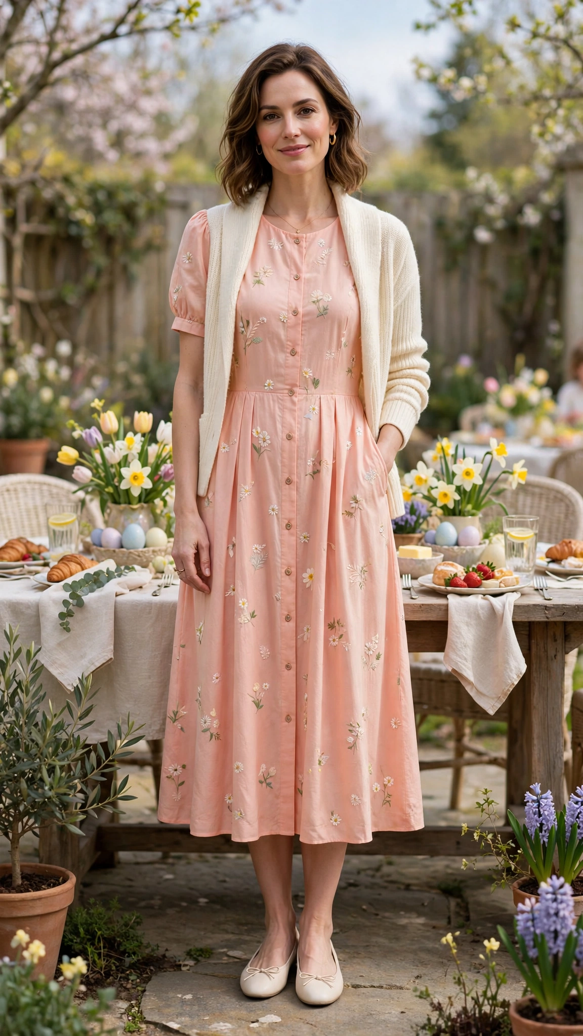 38 Easter Midi Dress Outfits with a Cardigan for Spring That Are Fresh, Chic and Easy to Wear 17 Pale Coral Easter Midi Dress Outfit with a cream cardigan and ballet flats