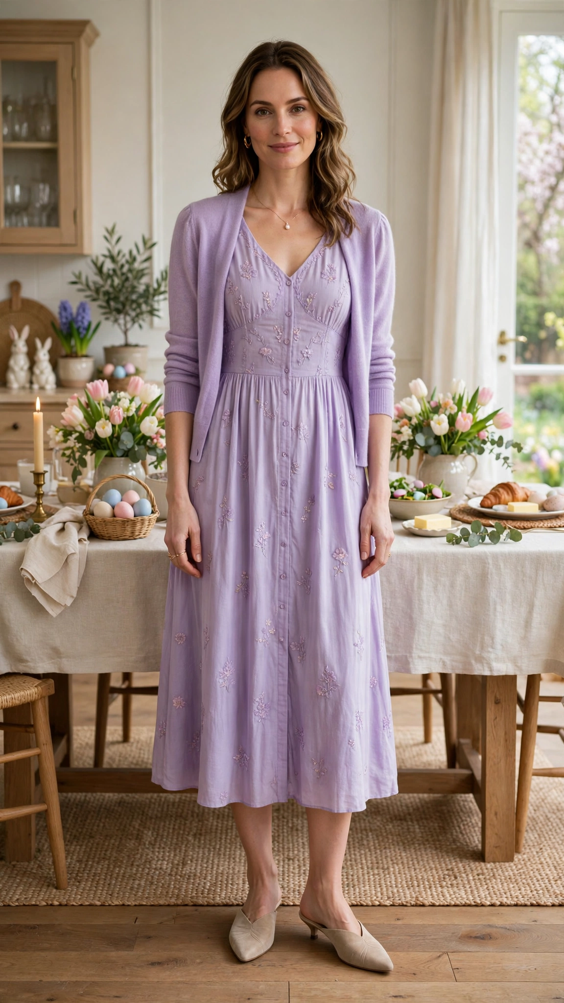 38 Easter Midi Dress Outfits with a Cardigan for Spring That Are Fresh, Chic and Easy to Wear 19 Lavender Easter Midi Dress Outfit with a cashmere cardigan and mules
