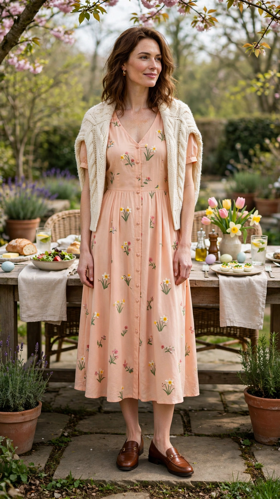 38 Easter Midi Dress Outfits with a Cardigan for Spring That Are Fresh, Chic and Easy to Wear 20 Peach Easter Midi Dress Outfit with a chunky knit cardigan and loafers